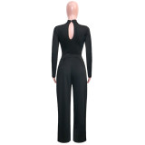 Women'S Fashion Solid Color Long Sleeve Top Wide Leg Pants Two Piece Set