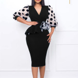 Plus Size Women'S Fashion Dot Mesh Patchwork V Neck Chic Career Bodycon Dress