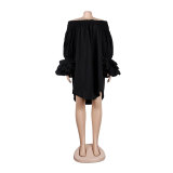 Summer Solid Off Shoulder Ruffled Long Sleeve Loose Casual Dress