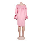 Summer Solid Off Shoulder Ruffled Long Sleeve Loose Casual Dress