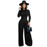 Women'S Fashion Solid Color Long Sleeve Top Wide Leg Pants Two Piece Set