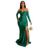 Women'S Sexy Solid Off Shoulder Long Sleeve Slit Evening Dress