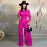 Women'S Fashion Solid Color Long Sleeve Top Wide Leg Pants Two Piece Set
