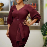 Plus Size Women'S Fall/Winter V-Neck Long Sleeve Top Bodycon Skirt Two Piece Set