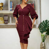 Plus Size Women'S Fall/Winter V-Neck Long Sleeve Top Bodycon Skirt Two Piece Set