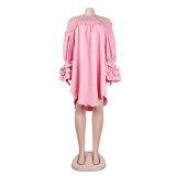 Summer Solid Off Shoulder Ruffled Long Sleeve Loose Casual Dress
