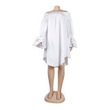 Summer Solid Off Shoulder Ruffled Long Sleeve Loose Casual Dress