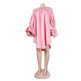 Summer Solid Off Shoulder Ruffled Long Sleeve Loose Casual Dress