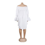 Summer Solid Off Shoulder Ruffled Long Sleeve Loose Casual Dress
