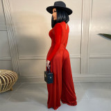 Women'S Fashion Solid Color Long Sleeve Top Wide Leg Pants Two Piece Set