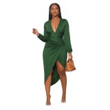 Women Sexy Long Sleeve V-Neck Irregular Slim Dress