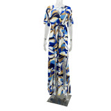 Women Casual Short Sleeve Drawstring Print Slit Dress