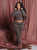 Plus Size Women Sherpa Backless Hood Top and Pant Two Piece Set