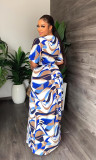 Women Casual Short Sleeve Drawstring Print Slit Dress