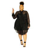 Women Long Sleeve Polka Dot Mesh Dress Two Piece (inside dress with breast pad)