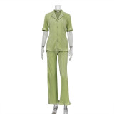 Women Summer French Short Sleeve Shirt And Pleated Wide Leg Pants Two Piece Set