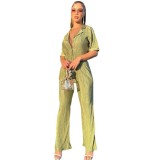 Women Summer French Short Sleeve Shirt And Pleated Wide Leg Pants Two Piece Set