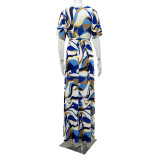 Women Casual Short Sleeve Drawstring Print Slit Dress
