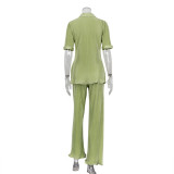 Women Summer French Short Sleeve Shirt And Pleated Wide Leg Pants Two Piece Set