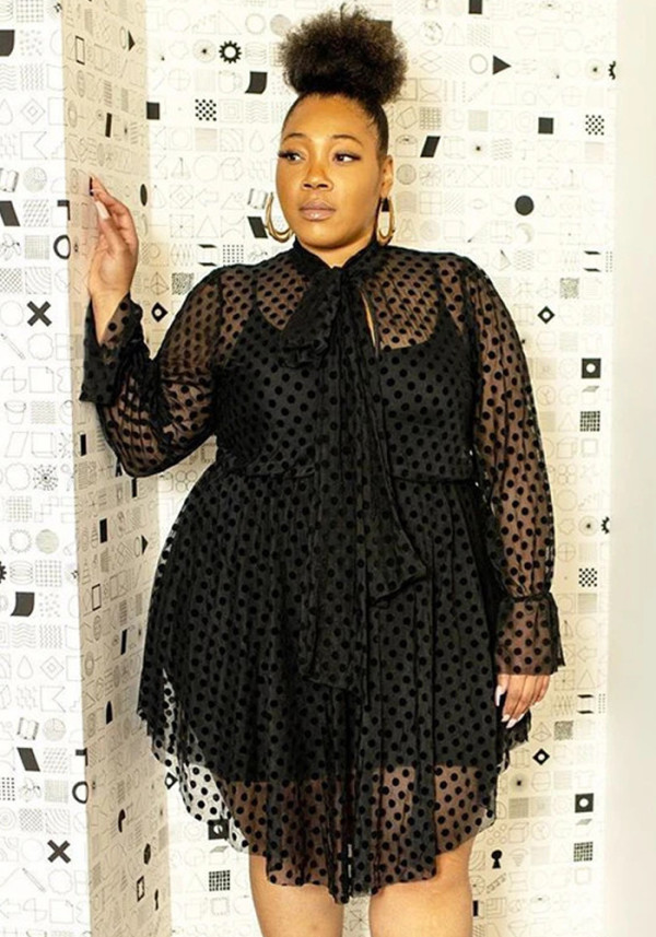 Women Long Sleeve Polka Dot Mesh Dress Two Piece (inside dress with breast pad)