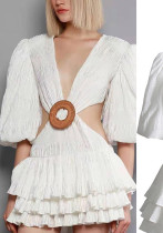 Women French Vintage Fall Cut Out V-Neck Balloon Sleeve Sexy Mini Dress