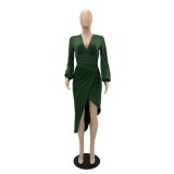 Women Sexy Long Sleeve V-Neck Irregular Slim Dress