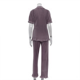 Women Summer French Short Sleeve Shirt And Pleated Wide Leg Pants Two Piece Set