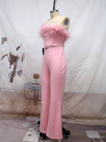 Women's Strapless Fur Belted Slim Jumpsuit
