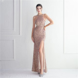 Beading Formal Party Chic Elegant Long Halter Neck Split Sequins Evening Dress