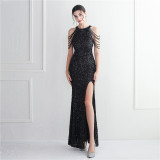 Beading Formal Party Chic Elegant Long Halter Neck Split Sequins Evening Dress