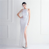 Beading Formal Party Chic Elegant Long Halter Neck Split Sequins Evening Dress