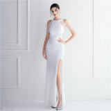 Beading Formal Party Chic Elegant Long Halter Neck Split Sequins Evening Dress