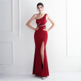 diamonds long one-shoulder banquet slim-fit fishtail wedding exhibition dress