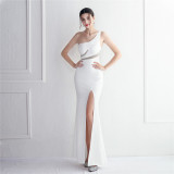 diamonds long one-shoulder banquet slim-fit fishtail wedding exhibition dress