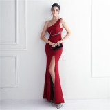 diamonds long one-shoulder banquet slim-fit fishtail wedding exhibition dress