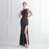 Beading Formal Party Chic Elegant Long Halter Neck Split Sequins Evening Dress