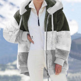Autumn And Winter Warm Fleece Patchwork Zipper Pocket Hooded Loose Women Jacket Coat
