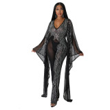 Fashion V-Neck Bat Sleeves See-Through Beaded Sexy Nightclub Party Jumpsuit