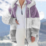 Autumn And Winter Warm Fleece Patchwork Zipper Pocket Hooded Loose Women Jacket Coat