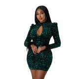 Fashion Cutout Long Sleeve Feather Low Back Sexy Cutout Sequin Nightclub Dress