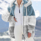 Autumn And Winter Warm Fleece Patchwork Zipper Pocket Hooded Loose Women Jacket Coat
