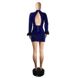 Fashion Cutout Long Sleeve Feather Low Back Sexy Cutout Sequin Nightclub Dress