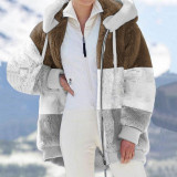 Autumn And Winter Warm Fleece Patchwork Zipper Pocket Hooded Loose Women Jacket Coat