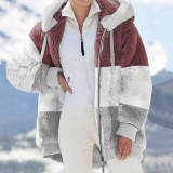 Autumn And Winter Warm Fleece Patchwork Zipper Pocket Hooded Loose Women Jacket Coat