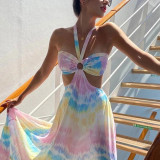 Summer Print V Neck Sleeveless Halter Boho Dress