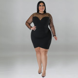 Plus Size Sexy Mesh Patchwork Long Sleeve Bodycon Nightclub Women'S Dress