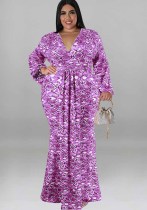 Plus Size Women'S Print V-Neck Fashion Long Sleeve Mermaid Long Dress