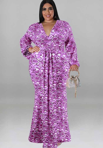 Plus Size Women'S Print V-Neck Fashion Long Sleeve Mermaid Long Dress