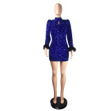 Fashion Cutout Long Sleeve Feather Low Back Sexy Cutout Sequin Nightclub Dress
