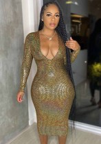 Ladies Chic Fashion Deep V Neckshiny Fabric Ladies Midi Bodycon Dress Party Wear Ladies Chic Fashion Deep V Neckshiny Fabric Ladies Midi Bodycon Dress Party Wear